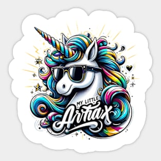 Whimsical unicorn illustration, cartoon style, playful mood, black style, wearing sunglasses, My little artax Sticker